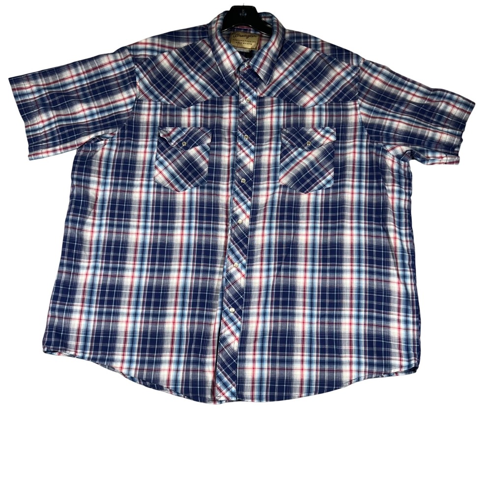Wrangler Western Fashion Snap Shirt‎ Mens XL Blue Red Plaid SS Pearl Snap